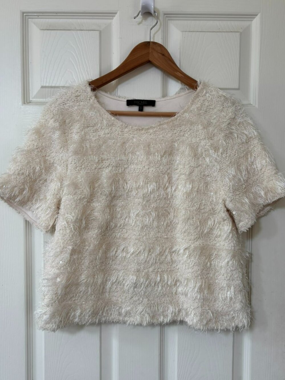 RACHEL Rachel Roy Cream Eyelash Fringe Sequin Boxy Cropped Top Large